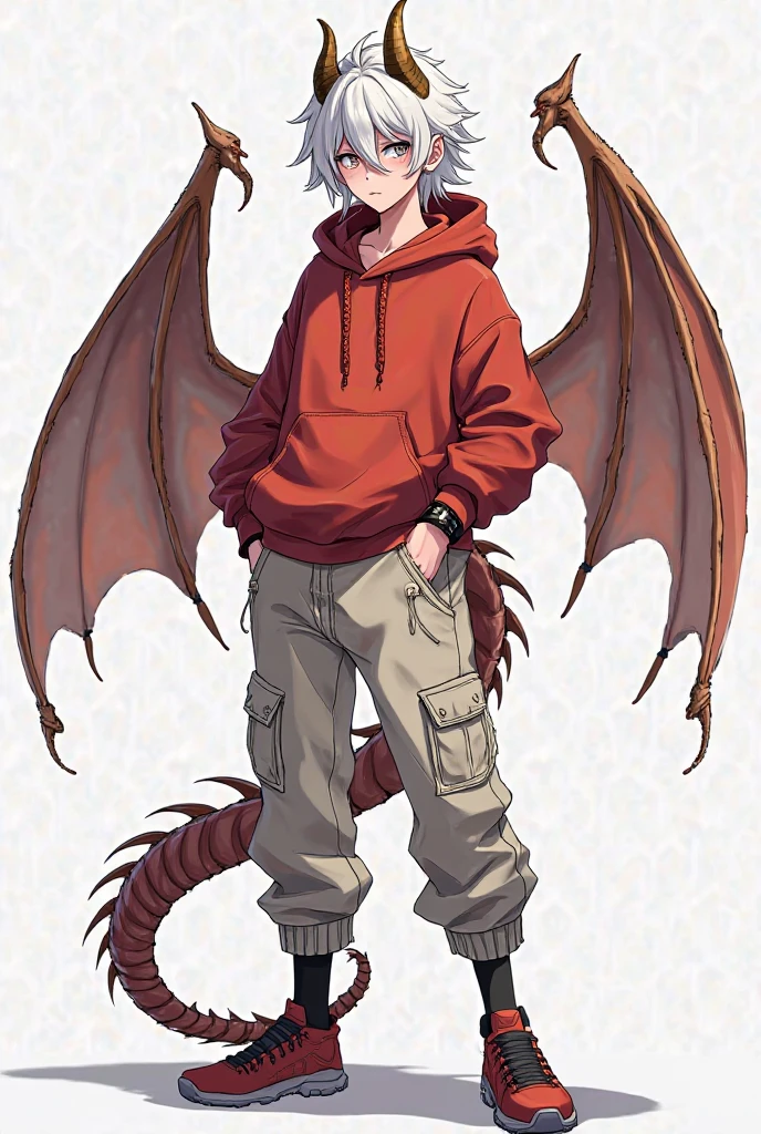 create a picture of an anthropomorphic dragon with red scales and bright red eyes and black horns and messy black hair, make him wearing black jeans and an open black coat and black boots, make his outfit tattered, make his wings look damaged, make him look menacing, make it in an anime style