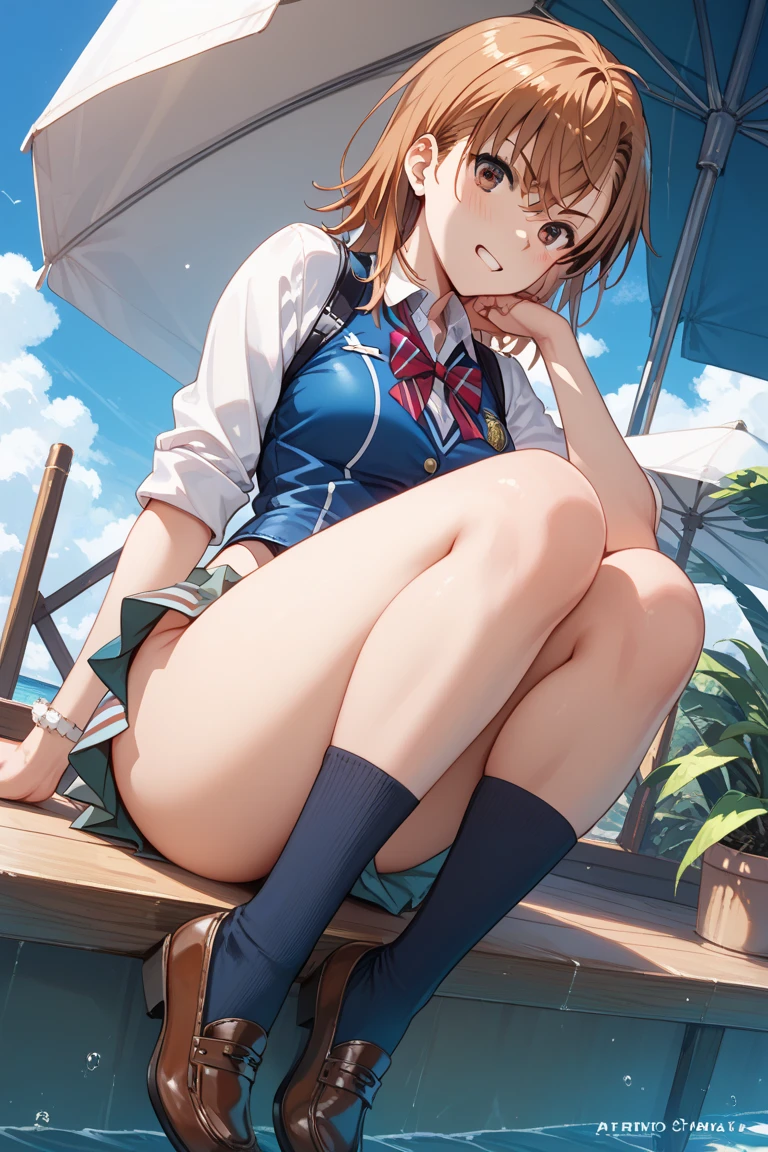 highest quality、Super Resolution、8K,(masterpiece:1.3), (Absurd:1.3), (highest quality:1.3), (Very detailed:1.3), One girl, View your viewers, smile, Outdoor,Photographed from the perspective of looking up at her feet, Summer sailor uniform,ailor collar,、Sit on a bench、She spreads her legs and shyly shows her panties、She shows off her white frilly panties to the viewers.、