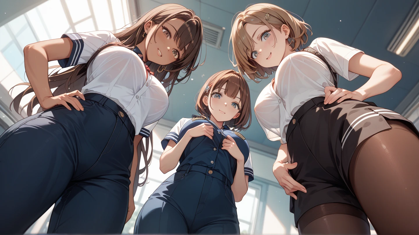 NSFW, (master piece, highest quality), three girls, Cover your breasts and crotch with your hands, bra is visible, nipples are visible, , school locker room, pull down your sexy white panties, Lift up the pleated skirt with your hands, (In the middle of taking off your panties), fluffy pubic hair, ((Change of clothes)), wide angle, best lighting, best shadows, (open your mouth a little), (surprised expression), chatting, Photographed from the shadows, low twintails, high ponytail, curl bob hair, a shy look, from behind