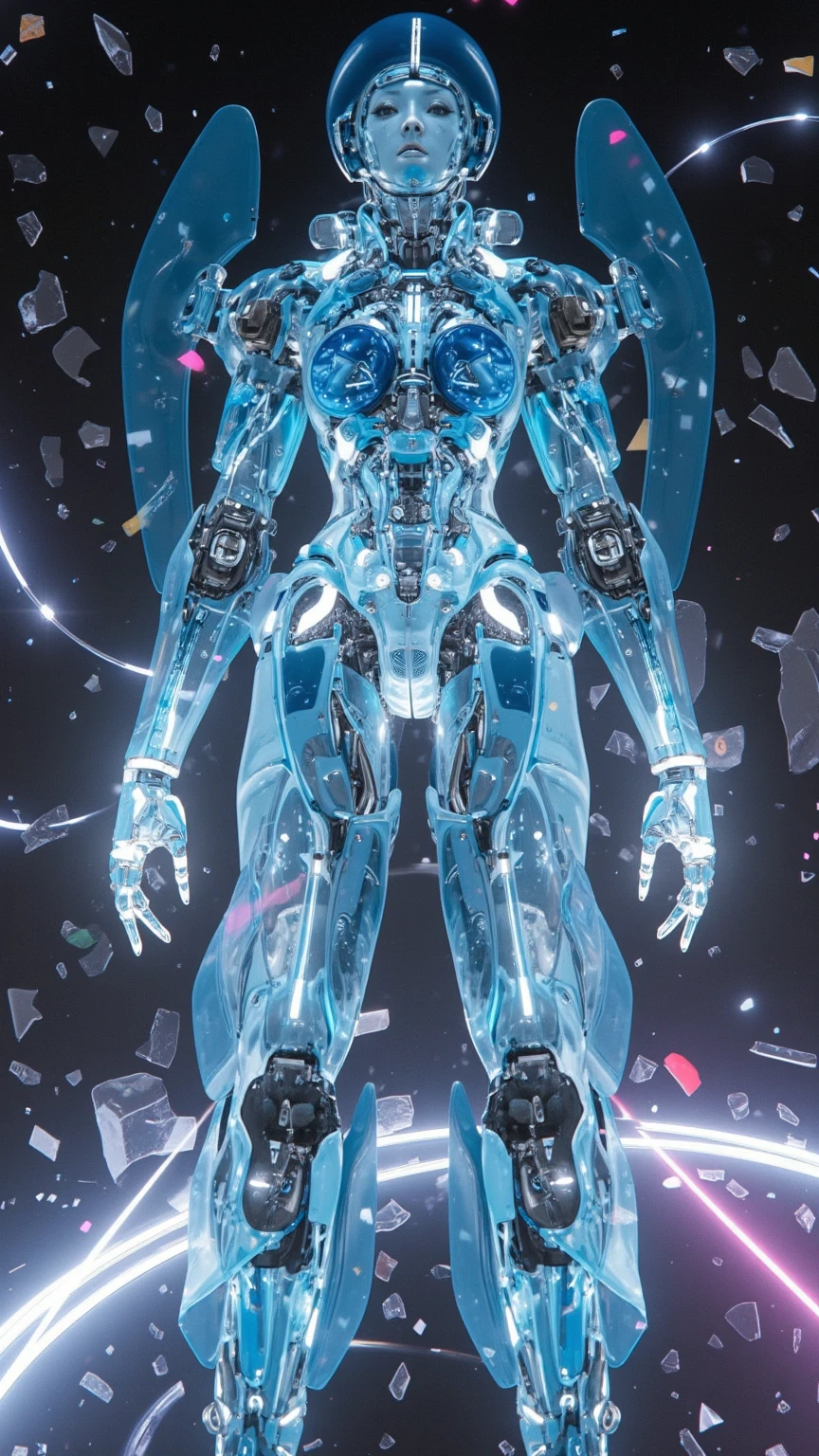 Glass textures, translucent sci-fi woman robot, neon trails
