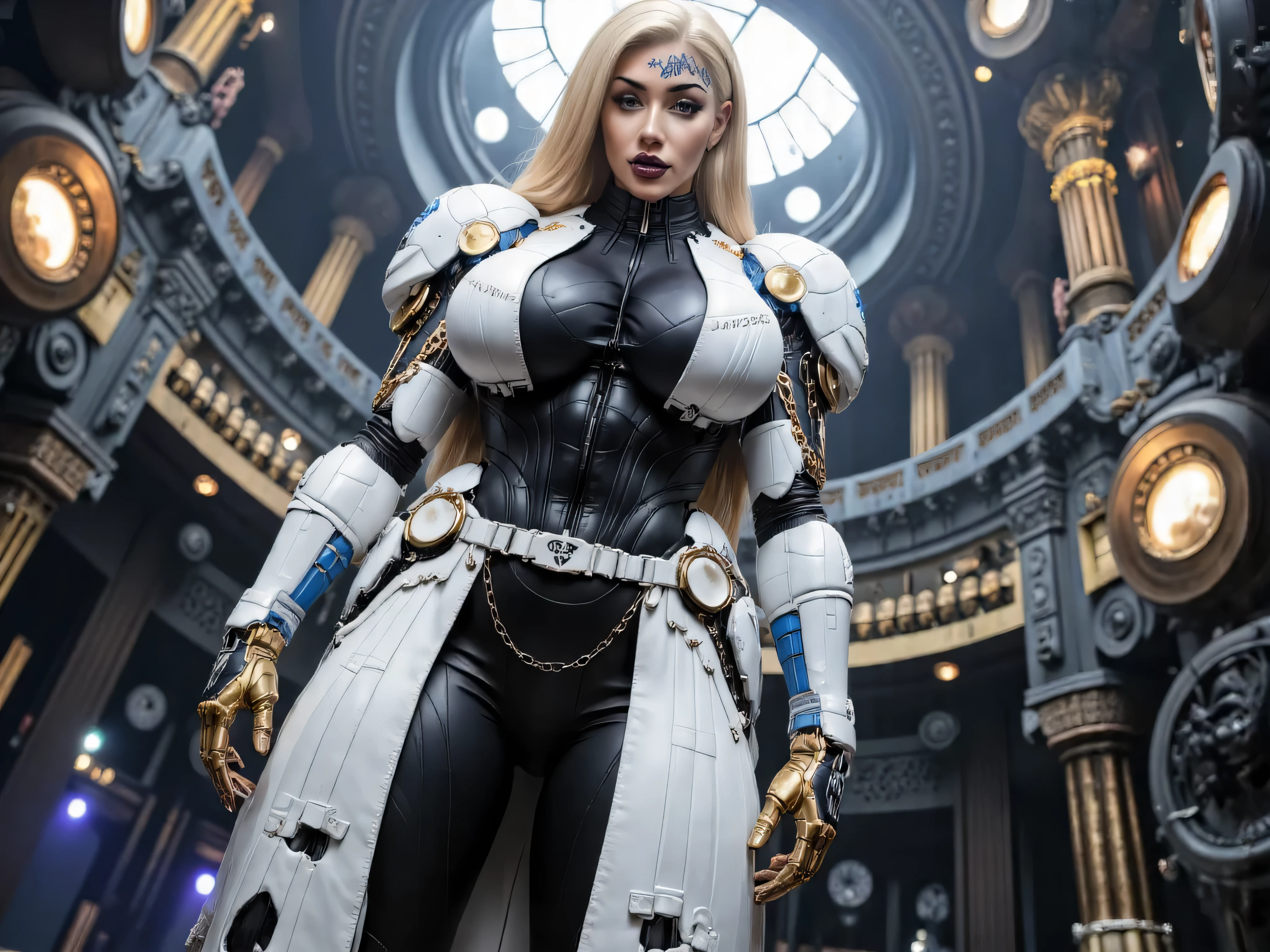 ((best quality)), (Masterpeace, high quality, high resolution, realistic photo, photography, detailed, no tattoos on face), 1 japanese porn star women stormtrooper fighter gangster , age from 30 to 36 years old, porn star Xo Gisele dark space warrior, 8k_wallpaper, extremely detailed eyes, (large masterpiece digital art), (intricate details:1.3 ), (ultra-detailed:1.3), (sharp focus:1.3), (natural lighting:1.05), (vivid colors:1.3), (best quality:1.4), HDR, studio lightings, expressive eyes, full body shot, detailed face, beautiful face, perfect face, impudent rude predatory and vulgar look with a predatory fanged smile, smiles predatorily with passion in the eyes, ((voluminous thick sandy blonde hair)), (korean light predatory makeup), {{wet light bronze skin}}, ({wet light bronze skinned female}), (big breasts), huge chest, (pelvis widens:2.4), big ass, dense white coat, closed chest and stomach with thick steel heavy and bulky nano symbiotic armor mecha armor, dressed in a wide and long black and white strict space military uniform with a high collar, on her shoulders are blue wide shoulder straps framed by golden hanging short chains, on her right chest is an emblem in the form of a blue predatory dragon's mouth, black leather pants, golden cyber gloves, she is standing in a wide space cyberpunk science fiction sci-fi landing orbital combat starship for landing heavy attack aircraft, post-apocalypse, ultra-realism, hyperrealism, cinematic, dark fantasy, chinese style,