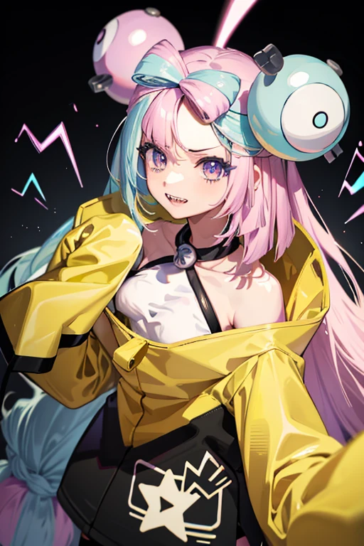 alone、(Hypnotized Cynthia Cartoon_\(Pokemon\)、Hair on one eye、Big Breasts、bangs、Glowing pink eyes、1 girl、White Pantyhose、swirl eyes、Expanding pink eye control、@ @、Hollow Eyes、Hollow Gaze)、indoor、Not aware、swirl eyes、Expressionlesaid、Maidの頭飾り、Wrist cuff、Waist apron、Neck bell、throw,Nanjamo,No text