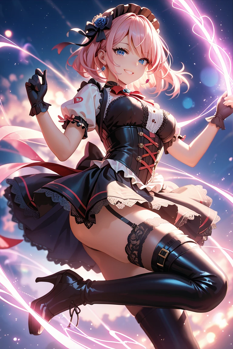 (Absurd Resolution:1.2), (ultra delicate:1.2), (masterpiece:1.2), (Photorealistic), (top-quality), BREAK (cute Wizard 1girl), (16 years old), (finely detailed eyes and finely detailed face:1.2), BREAK (ultra-fine-magenta-cute-eyes:1.2), (Expression ultra detailed Glitter Pupil), (ultra detailed Expression eyelashes), BREAK (ultra-delicate-bob-cut-white-hair, parted bangs, hair-bow), (beautiful Glossy lips), BREAK (slim body and gigantic breasts:1.0), narrow waist, leggy, curvy is body without muscles, BREAK (glossy realistic skin texture:1.2), (sweaty skin:0.5), precise anatomy, (4 defined fingers), (1 defined thumb), Fearless smile, BREAK purple-skirt, black-corset-dress, Off-Shoulder, gloves ,Short-cloak, thigh-high-socks, BREAK Seductive pose, (Crisp focus, eye focus:1.2), (full body shot, shoot from front, high angle shot), Holding an apple, Fantastic magical forest, evening, Sunset, Sparkling light particles dance, professional lighting, atmospheric,