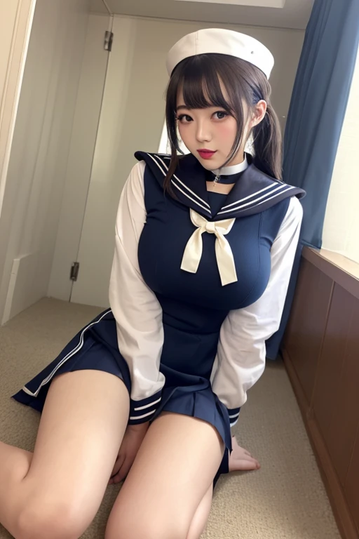 (Best Quality,8K,High resolution:1.2),(cute Japanese girls,one girls,Japan gravure idols),Teenage,(Huge breasts:1.1),bob cuts,Blunt bangs,thin waist,Oily skin,Body oil covered,(See-through,sailor uniform,serafuku,High leg cuts:1.15),(on the vinyl air mattress,on the soapland mattress,night time,in the motel),inner thigh,cleavage,Facing,panty shot,terrified,wet