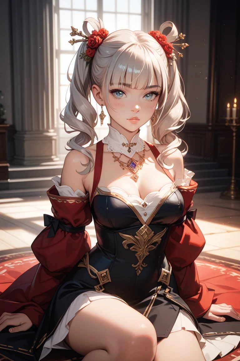 woman, Severe, Warrior, armor, elegant, Pink Dress, Aristocratic, silver element, Long nails, Bare shoulders, Hairstyle, Put your hair up, Braids and ponytails, Messy, arrogant, Absurd, Detailed dress, Royalty, celebration, Hall decorated with flowers, Cowboy Shot, Portraiture, (Highest quality), (masterpiece), (Very detailed), (4K)