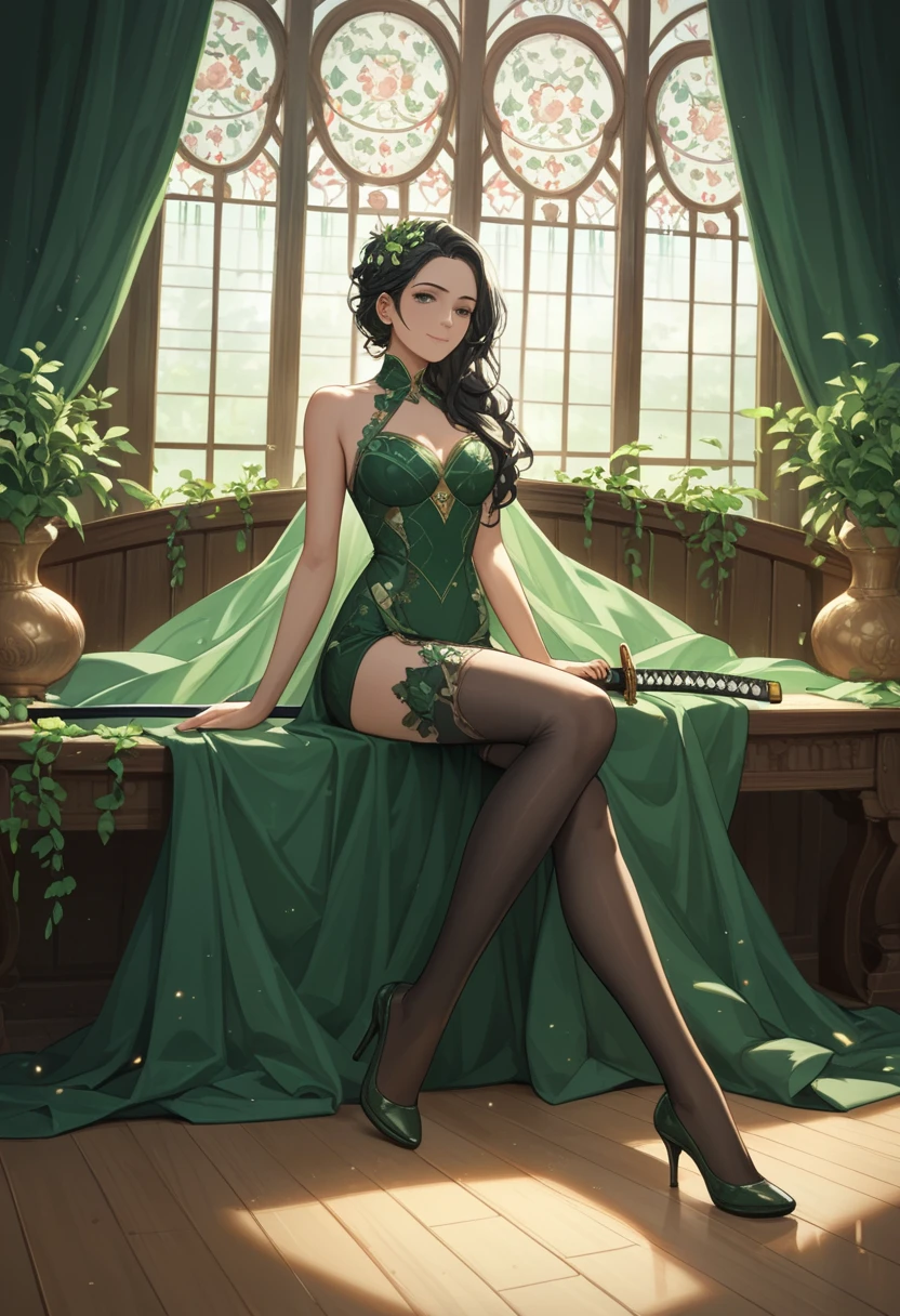 Green dress flower cleanser,Sense of atmosphere, best qualtiy,tmasterpiece,1girll,30-years old,Green dress,Daytime Church,full body Esbian, Green gloves,With short black hair,big breasts beautiful,looking at viewert,ssmile,Green Bridal Veil,Green Long Grove,Satin green long gloves, lipsticks, Green Pearl Necklace