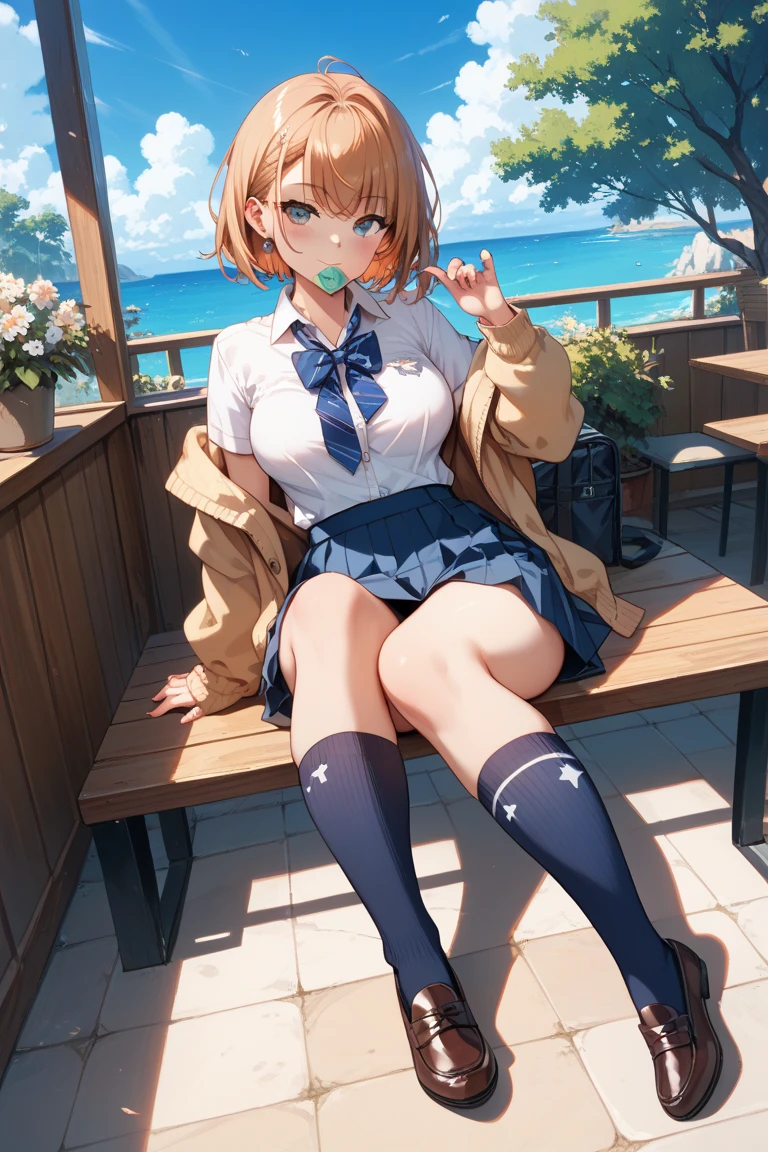 Very detailed, CG, Unity , 8k wallpaper, wonderful, (masterpiece:1.5, Highest quality), (Depth of written boundary), Dynamic posture,masterpiece, Highest quality,Clear blue sky,narrow angle,night,Sailor suit,Red tie,High quality white panties,Lean back,I'm on my knees,Sit on a park bench at night,fat,Sigh,Dark House,sneakers, {{beautiful middle size breasts 1:4}},Pleated skirt,Photoreal 1;4,brown hair,full body ,portrait1;4, high quality panties,{{schoolgirl}},top quality,cute girl,high quality background, slanted eyes, detailed shirt chest wrinkles,BREAK, {{beautiful blue eye1:4}}, Accurate 5 fingers
