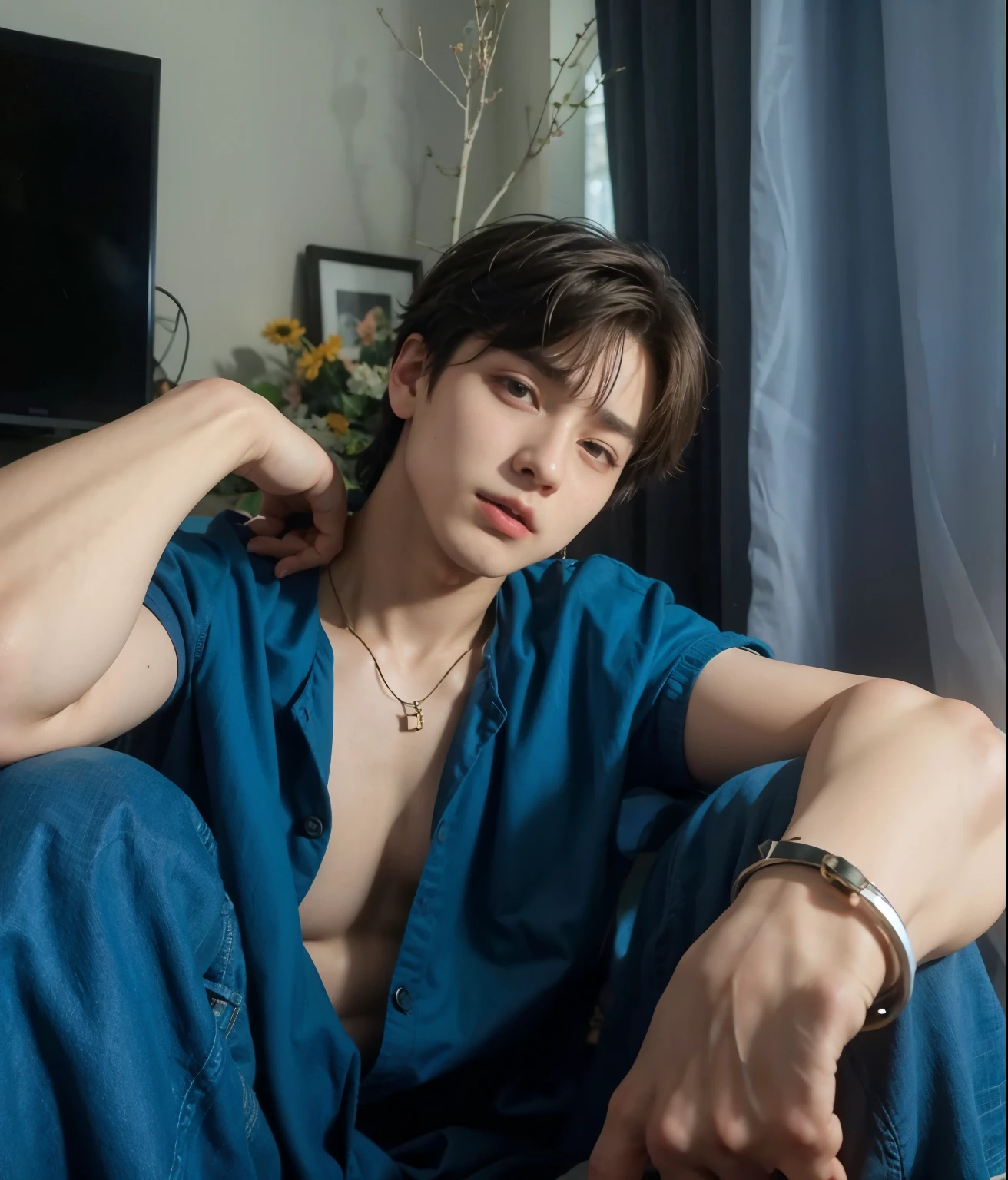 ((realistic daylight)) , Young Korean man in a navy blue polo shirt and jeans, A handsome, muscular young Asian man looks at the camera. In a simple t-shirt blue and red , roadside traffic ,turn sideways