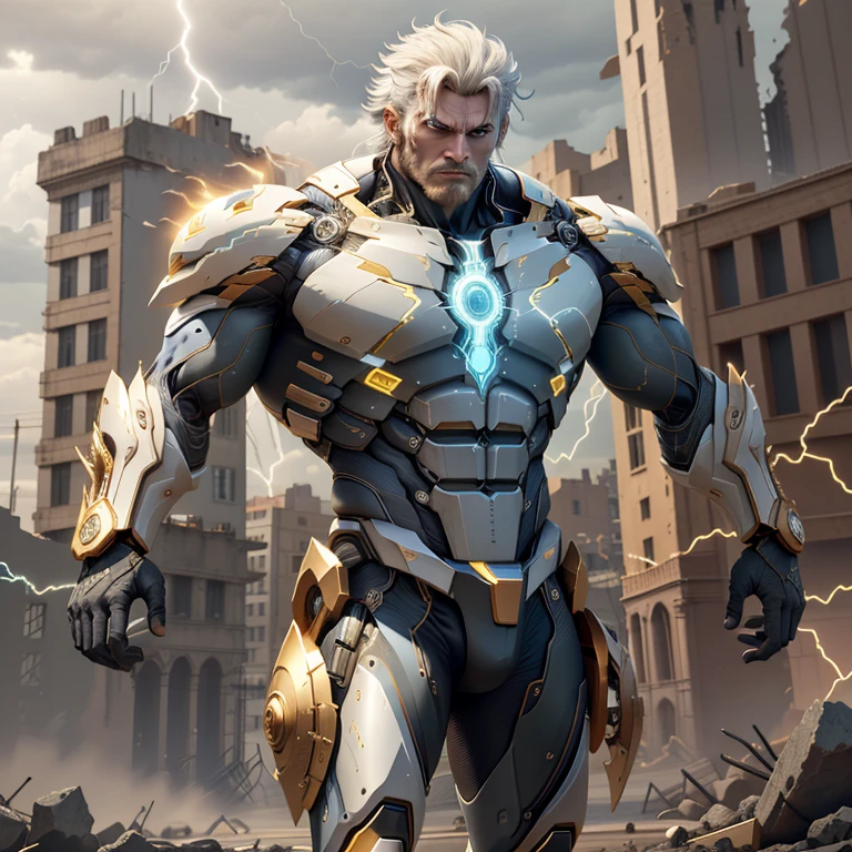 Big broad shouldered muscular man blond, Blue eyes, Huge torso, high growth, wide biceps, full height, in a white futuristic suit, orange stripes on suit