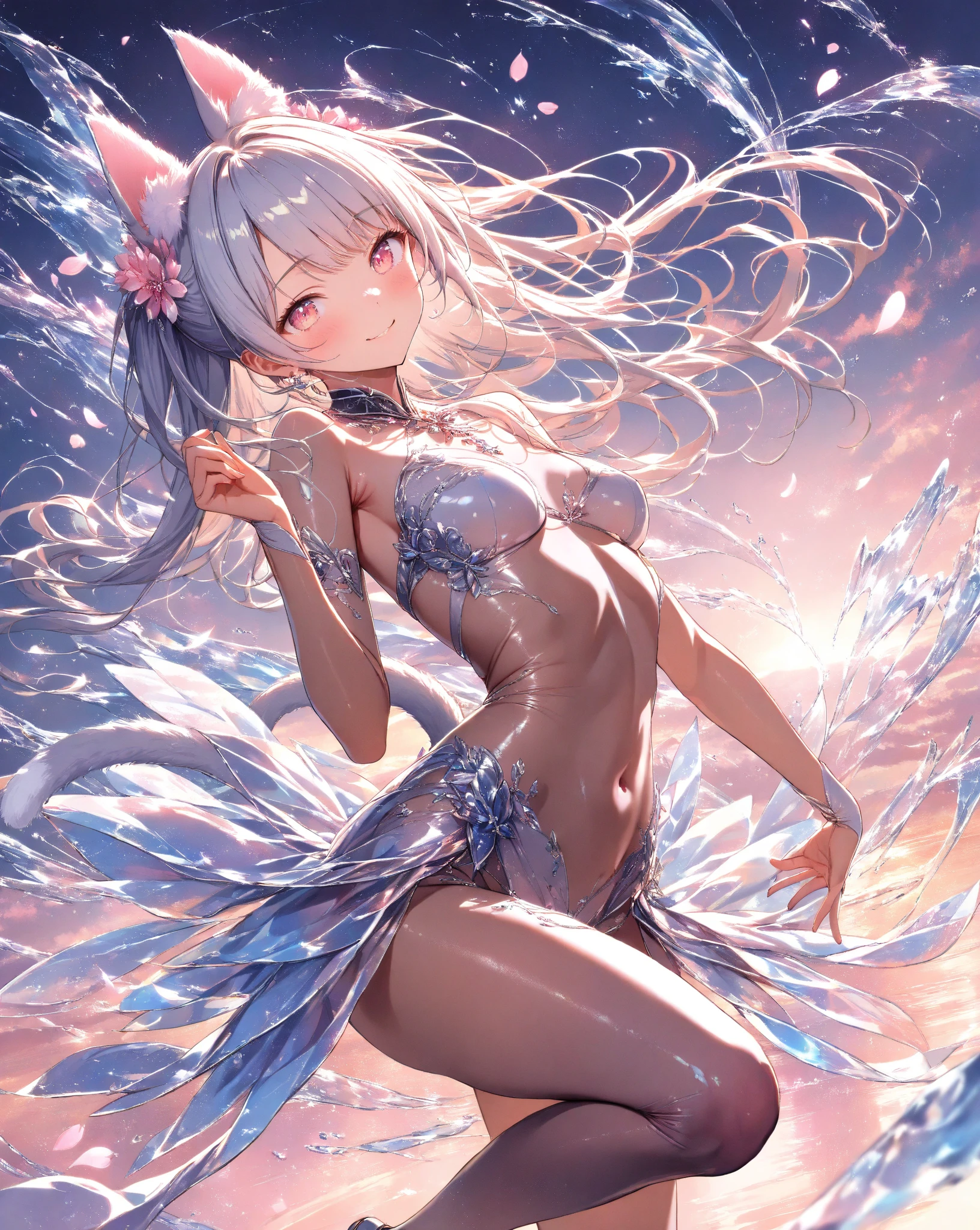 Top Quality, Masterpiece, High Definition, Very Detailed, 8k, One Girl, Cute, Anime, Crystal Clear White Skin, Sensual, Full Body, 2nd Grade of Junior High School, 13 Years Old, Beautiful Cute, Bow on Head, Too Many Hair Ornaments, Cute Micro Bikini Style, Crazy Worldview, Bloody, Eyes Glowing Suspiciously Red, Fairyland, Back road, crazy smile, hand on crotch, inviting， perfect anatomy