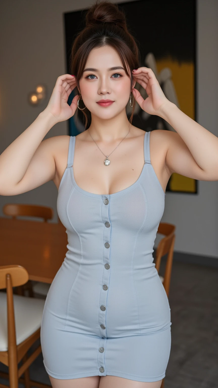 high quality,8K,high resolution,woman,1 personality,tall,realistic texture,Muchimuchi,cute smile,(Plump body 8),(dress2),(),(mysterious),colorful,,