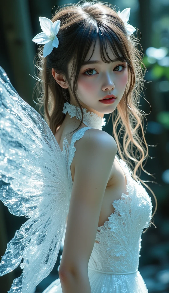 White Background、Professional Lighting、(((Professional Lighting 1.5)))、Translucent skin texture、Beautiful Skin、Beautiful Skin、、Off the shoulder、White Dress、See-through、fluttering feathers、Ecstasy of Musical Notes、(())、Face close-up