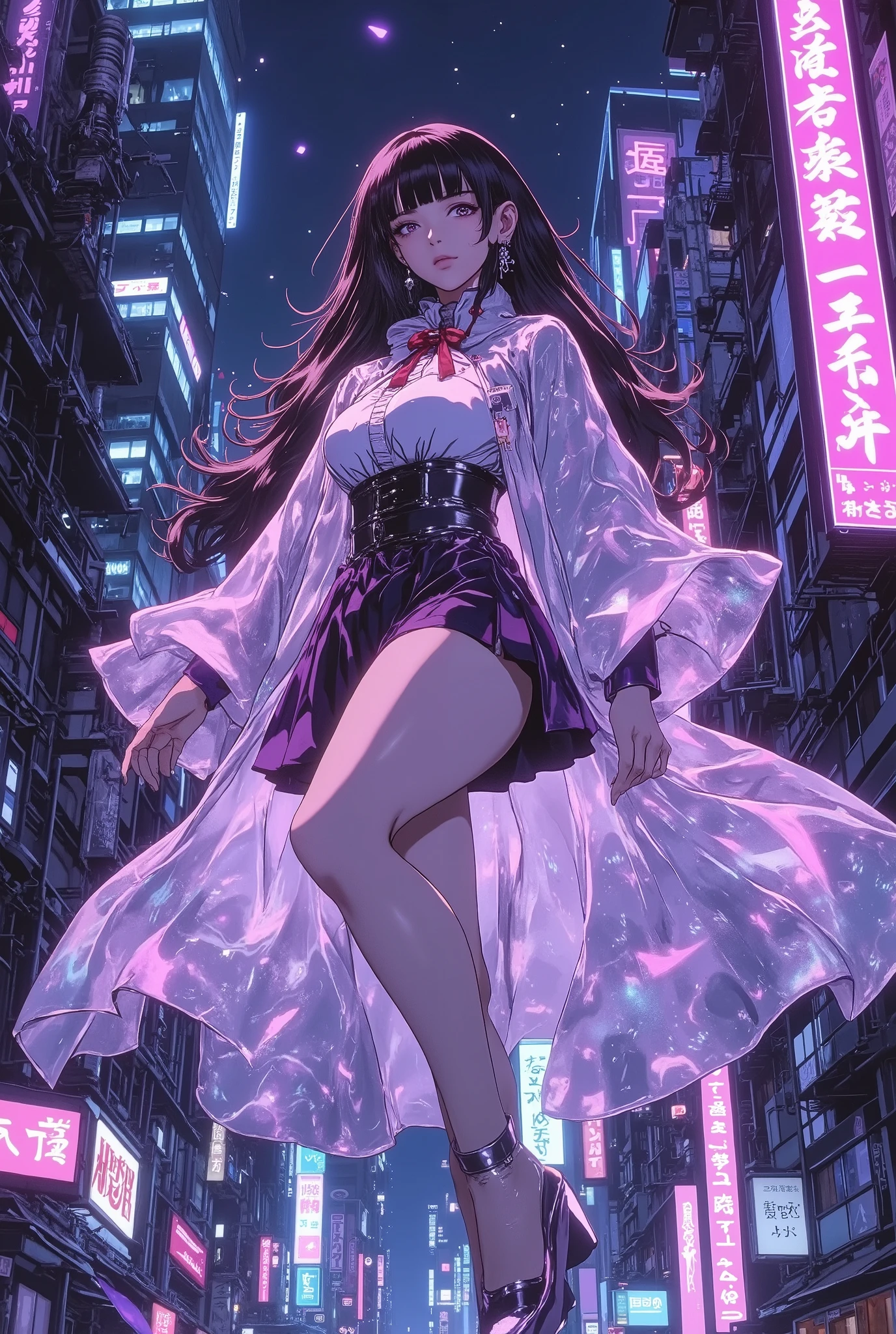 ((The translucent glass-like cloak is tinged with a delicate and mysterious semi-illumination, and streaks of purple and blue light flow gracefully through the space))、((Glass cloak))。A cyber-city at night. A translucent cloak with a fluid glass texture creates beautiful trails as it catches the wind, and a faint bluish-white semi-luminescence brings out its outlines. In the background are neon-lit skyscrapers. A dynamic low camera angle captures the moment when a female hunter with a toned figure leaps from the top of a building. Futuristic, cold-toned digital art, sharp details, cinematic composition.anime,
sakuya hime, flared mini skirt。action,Dynamic composition.