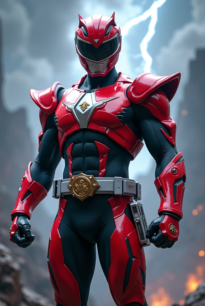 Full body photorealistic handsome hunky masculine red Power Ranger,,unreal engine, extremely attractive male wearing red and silver scales transparent mesh bodysuit, with embosed " star " on the chest, with belt and gloves and helmet,,,extremely masculine physique, intricately detailed metal body armour, super bulge, realistic skin, in action, fantasy background