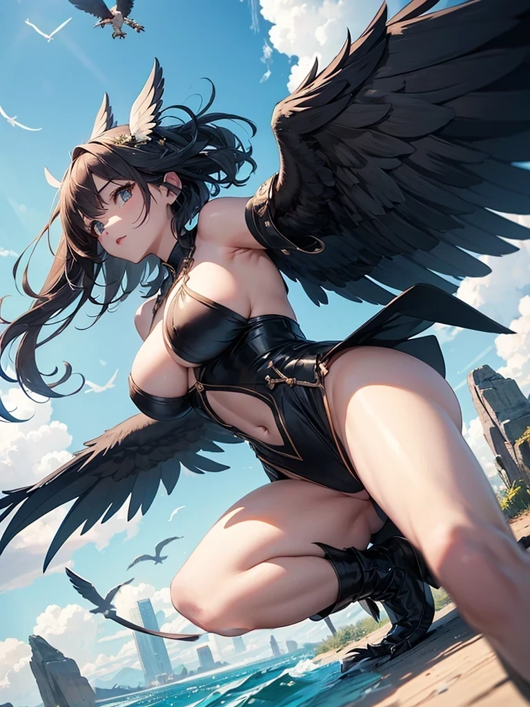 ((Seductive lady:1.3, solo:1.2))、((fusion of bird and lady:1.6))、((Winged On the back:2))、((feathers clothes:1.2))、((dynamic angle:1.5))、((Soaring in the sky:2))、((blue sky background:1.5))、((full body:1.3))、((underboob:1.3))、((Glossy realistic skin texture))、((shiny skin))、perfect anatomy、masterpiece, ultra-detailliert, 8k, hiquality, Top image quality, Smooth texture、watercolor