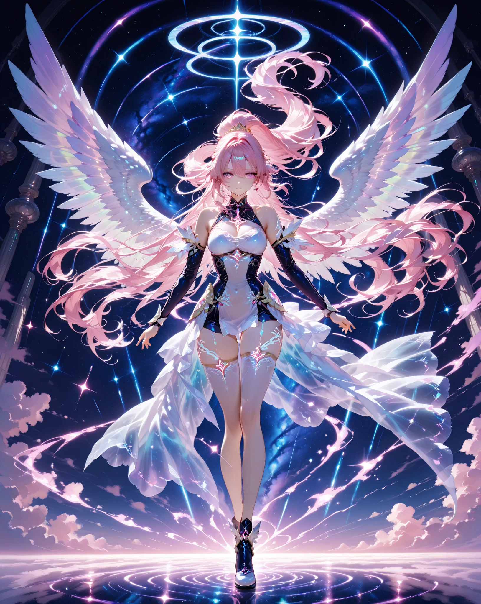 Dark Focus , (Dark gradient watercolor :1.5, Lens Flare:1.5 , Glitter :1.5), (Monster Girl:1.5, (((Winged arms:1.5、The arms are bird feathers:1.5)))、All-wing aircraft、Harpies in Greek mythology:1.5)、full body Esbian、monstergirl、Glow , Dreamy , Dark background、Grid illusion, Colorful, girl、(((Dark sea background:1.5,Psychic in the background:1.5))),((extremely detailed eye:1.5)),{{{Ultra 8K resolution}}},((masutepiece, of the highest quality, Beautiful and aesthetic: 1.2)),{{hyper detailed masterpiece: 1.7}}, {{Cinematic lighting}},(The hair Transparency:1.5),(dark hue:1.5,Dark Tone,Big aurora background in the dark:1.5、The Darkness:1.5,Cold reflection:1.5,The edges of the object are reflected by a rainbow:1.5) 、(Golden ratio: 1.2), (Full body: 1.2), (Super Detail: 1.3), (girl with: 1.3), (Fractal Art: 1.3), {{{Glitter Pupil:1.25}}}) , ((rainbow-colored hair:1.2、colourful hair、Half blue and half red hair:1.5,Shiny hair: 1.2)), (Heterochromia), (full body Esbian), (Hyper-detailing), ((delicate detail)), (intricate-detail), ((Cinematic Light, Highest quality backlight)), High contrast, {{{The best lighting, Very delicate and beautiful}}}, (( Cinematic Light)), (ray trace reflection, Glow), (((glowing aura)), {{{Glowing hair:1.25}}}, ((Super Detail)), (8K)), ((a closeup)), ((Brown skin)), ((Seductive smile)) ,((high angle full body shot)), (Full body:1.2)、(firmament:1.5)