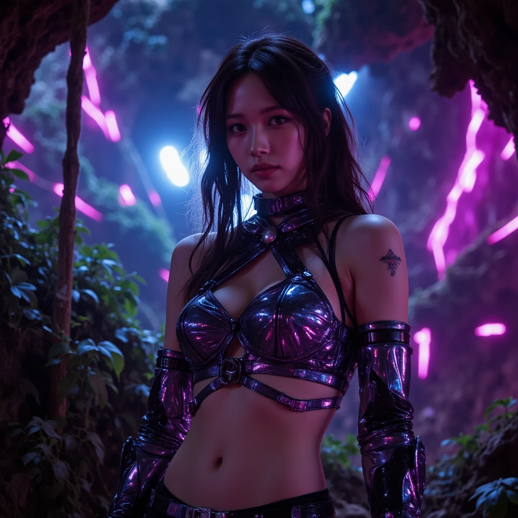 a ultra beautiful girl, with a black techno fantasy armor and a great sword in the back, cute, 12k, uhd, photorealistic, red lights decourations, black short hairs, ((european white race)), (ultra beautiful gorgeous realistic), naked belly and (naked arms), rendi la ragazza super realistica e super bella, rendi lo spadone vibrante di energia rossa