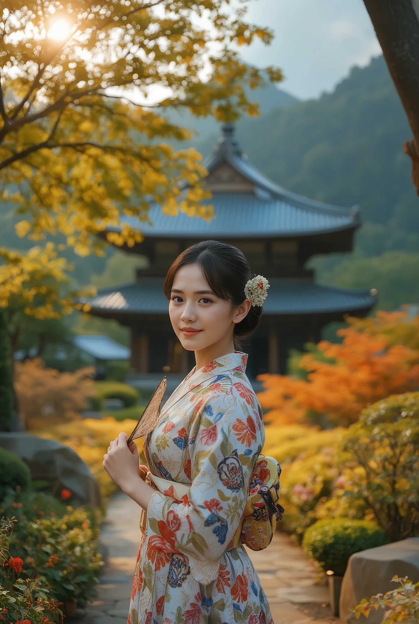 Japanese Temple in the Forest, Woman in Beautiful Japanese Clothes High Quality, 8k, ultra-fine in 8K, realistic, photo with lights, HDR, studio lighting, EXTREME DETAILS, professional , vibrant colors, Bokeh Effect Japanese Temple, Lush Forest, bright sunlight due to a cold, Traditional architecture, Light Shining Through the Clouds Traditional Japanese Kimono, elegant appearance like an oil painting, Smiling face, Hand Held Fan, Decorated Textile
