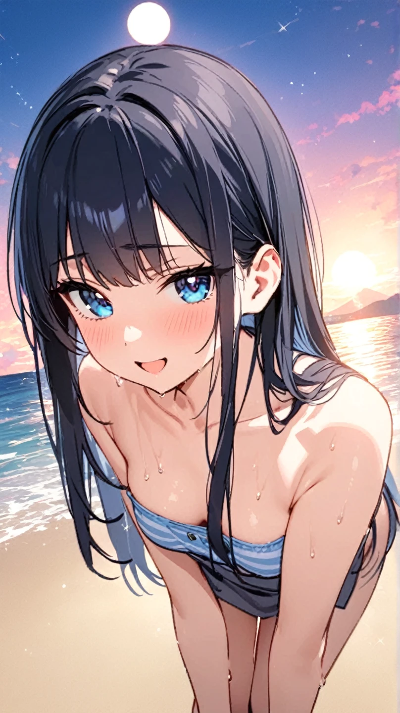 (One person),(Best image quality, 8k, masterpiece:1.3), (high school student:1.5), ((Black hair:1.1)), (Braid),(Swept-apart bangs), (Cute eyes, Black pupil, Iris Sky Blue, like々Funny face), (Mole under right eye), (Standard weight), (Large Breasts),(Big Hips), (Glowing Skin:1.1),(Pale skin:1.2), (slouch),(wariza),(White Bikini),(Chest close-up),(Sweat),(coastal),(evening),(Sexy pose),(Accentuate your butt),(A fantastic atmosphere),(Looking up),Gaze, Blushing, smile, Ultra high definition, Textured skin,Sparkle Effect, Low twin tails,Licking your lips, Sparkling eyes, Gravure idol