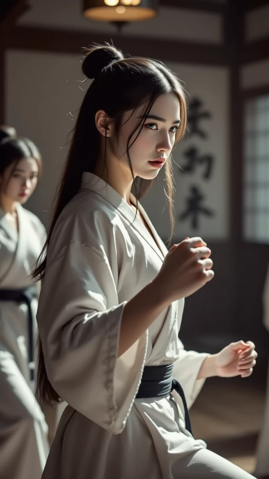 Intense Movements in the Dojo, drummer의 유연한 자세, Demonstrating Vertical Kicking Skills, Women Who Practice Martial Arts, Martial Arts Skills Display, Difficult Movements Dynamic Moments, Beautiful Lines of Traditional Martial Arts, Mental Focus of Martial Arts, Muscular Tendons by Skilled Martial Artists, Exquisite Balance and Core Strength Figure:drummer, Fine Martial Arts Skills Display, Flexible Posture, Vertical Kicking Movement, Concentration of Martial Arts Strength Environment:Traditional Martial Arts Dojo, Wood and Wood Floors, Martial Arts Practice Space, Wall Decorations, Master's Flexible Posture:Dynamic Movement, Dynamic action, Beautiful Lines of Traditional Martial Arts, Intensive Appearance Medium:Realistic 3D Rendering, Traditional painting style, Actual photo shoot, Sophisticated Digital Illustration Color:Contrasting Contrast,  Calm tone , Traditional Colors, natural color