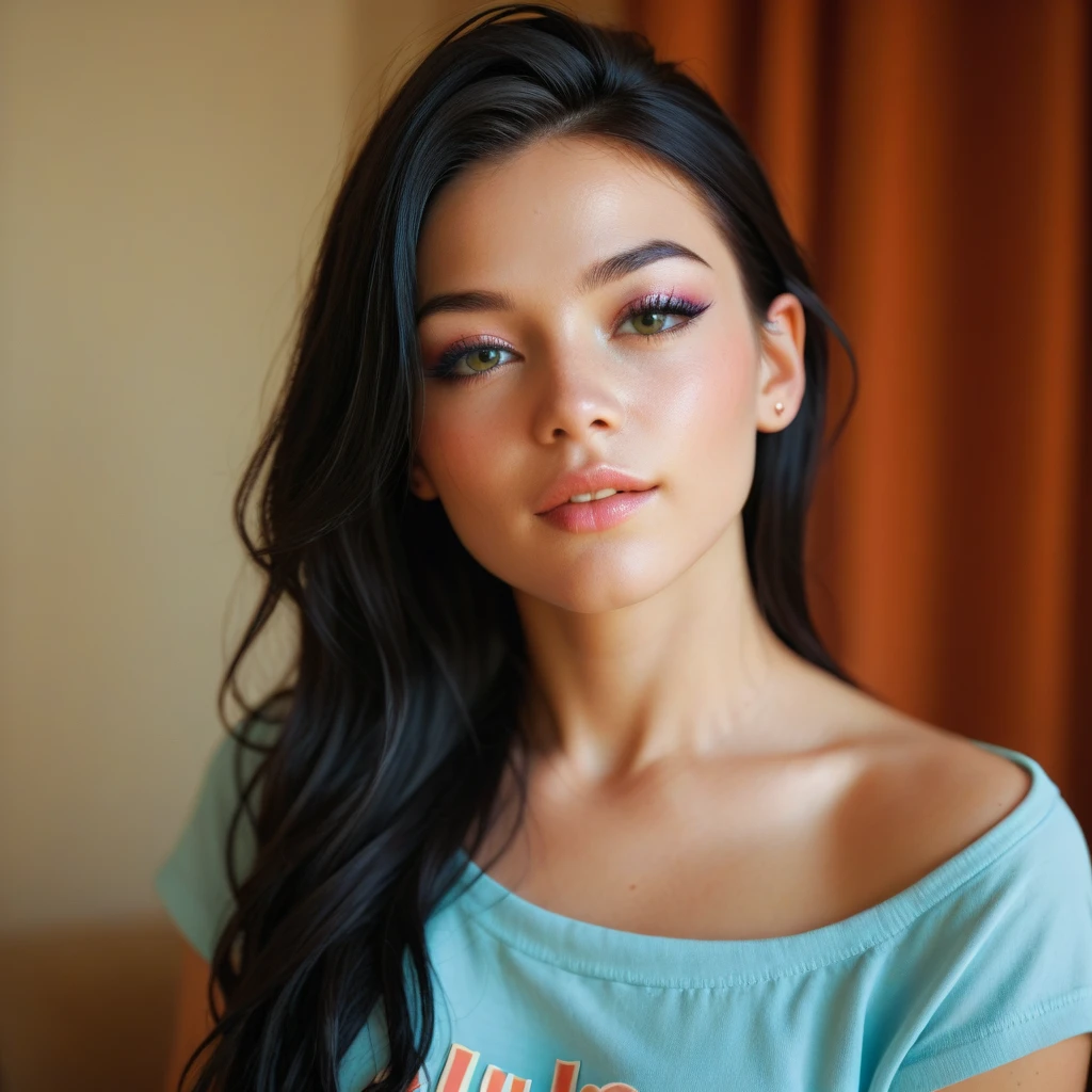 Morena, long black hair, bulky body, vestido