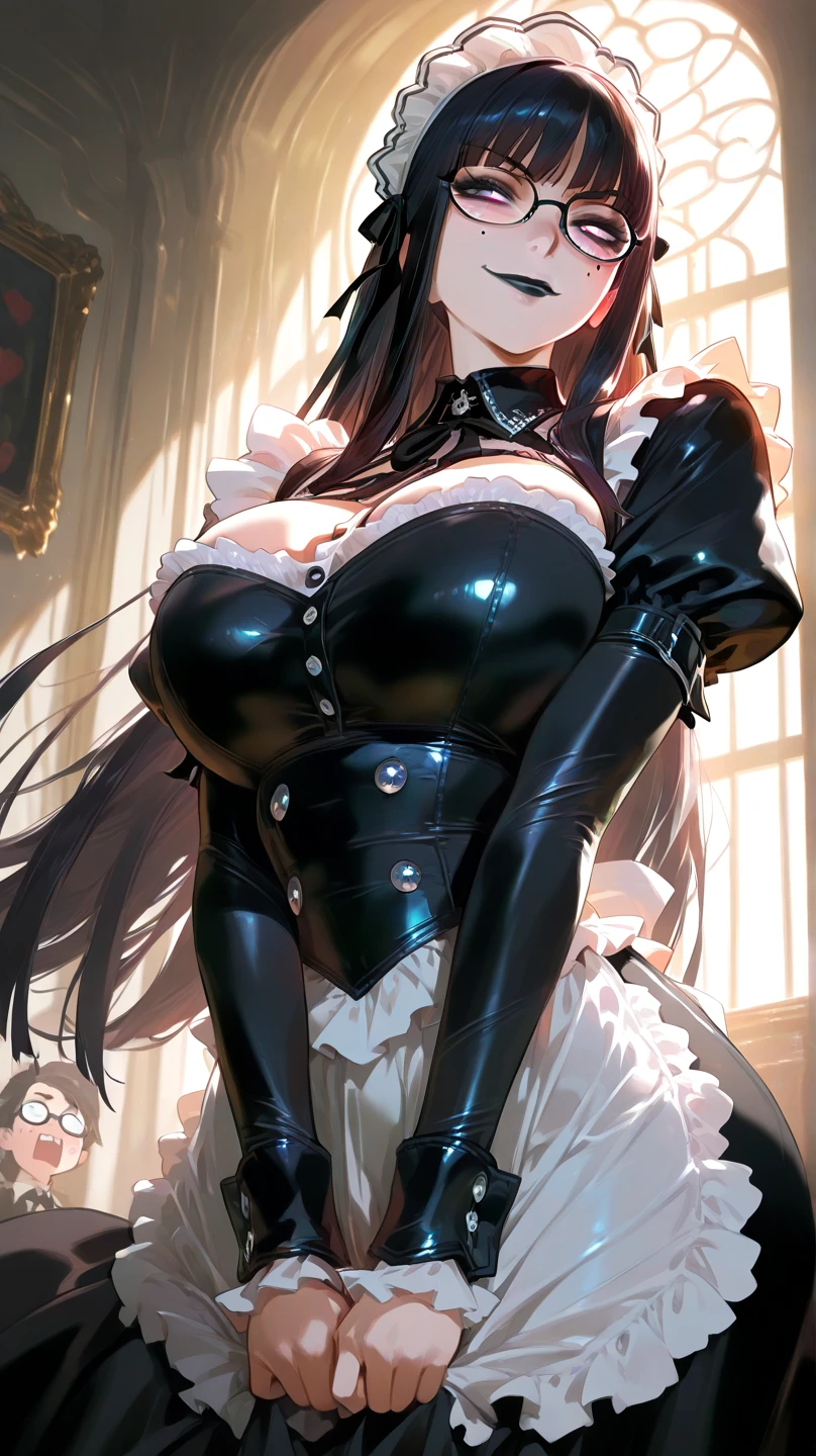 (Karin from Blue Archive:1.4), 8k, highres, ultra detailed, (masterpiece:1.4), best quality, symmetrical body, (dark skin:1.4), (latex ballgown:1.4), cute, solo, long hair, Brown hair, amber eyes, glow effect, finely eye, detailed face, looking at viewer, smilling at viewer, dark background, angled view, big breasts, beauty mark
