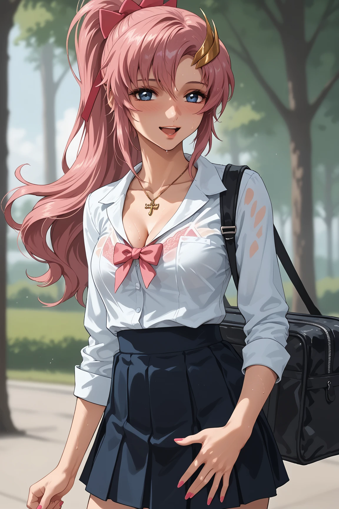 (masterpiece:1.3, top-quality, ultra high res, ultra detailed), (realistic, photorealistic:1.4), beautiful illustration, wearing knit sweater & miniskirt, (Flirtingly lifting her skirt to show her panties:1.3),perfect lighting, natural lighting, colorful, depth of fields, surrealism, (embarrassed,blush:1.3),
beautiful detailed hair, beautiful detailed face, beautiful detailed eyes, beautiful clavicle, beautiful body, beautiful chest, beautiful thigh, beautiful legs, beautiful fingers, shiny skin,
looking at viewer, 1 girl, japanese, high school girl, (perfect anatomy, anatomically correct, super detailed skin), cute and symmetrical face, babyface, perfect face, perfect eyes,
(middle hair, two side up, pink hair), crossed bangs, purple eyes, drooping eyes, big eyes, long eyelashes, (large breasts, seductive thighs, skindentation), slender, outstanding style,
((detailed cloth texture, white collared shirt, blue pleated skirt, dark red neck ribbon), black thigh-highs, loafer),
(beautiful scenery), late afternoon,hands on chest, (lovely smile, upper eyes, open mouth small),