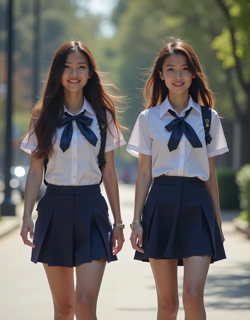 Three girls are leaving school at dusk. Their uniforms are crisp and neat, carrying school bags slung over their shoulders. The sun sets behind them, casting a warm, golden light on their faces. One girl has long, straight black hair, another has wavy chestnut curls, and the third has short bobbed red hair. They walk in sync, chattering animatedly, their laughter filling the air. The details of their features are exquisitely captured, each girl possessing unique and beautiful facial structures. The background is softly blurred, drawing focus to the trio of friends as they make their way home from school. (High resolution, detailed, school-themed, evening scene, girls)