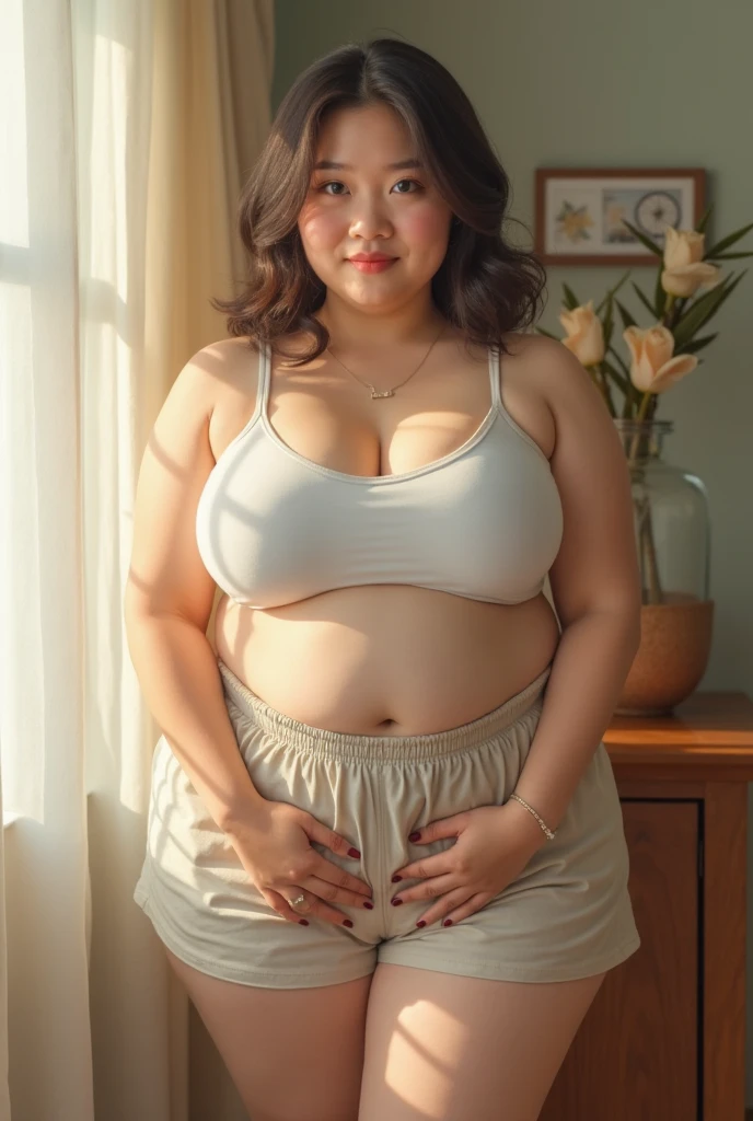 ((Best Quality, 8K, Masterpiece: 1.3)), Chubby woman smile  ((best quality)), ((masterpiece)), (detailed), perfect face, USA woman fat , 1 girl, obese body type, big breast size, round face, double chin, Overweight, medium hair ，looking at camera、, thicc, she has a jiggly fat round belly, bbwchan, wearing tight sexy clothes, skinny waist and thick hips, widest hips, her belly is fat and round, soft curvy shape, hyperrealistic full figure, wearing a cute top, wide hips, cropped shoulders，Bare belly,(big assa:0.7),show legs,, thicc, beautiful thick female, beautiful curvy female,, Tall and tall，clear curvy details, curvy hourglass figure, alluring plus sized model, bbwchan, Voluptious body, Curvy model, Curvy body, Be red in the face, 1girll fat , a matural female, A MILF, the golden ratio,(Kpop idol),(Oil skin:1.2),(Oil skin:1.1) background High quality, HD, realistic, HDR. mountain refuge in grey stone, blends into the panoramic view of the mountain, spring landscape (green and flowery), edelweiss, lake, stream that winds, sunset, cool breeze. welcome mountaineers and hikers.