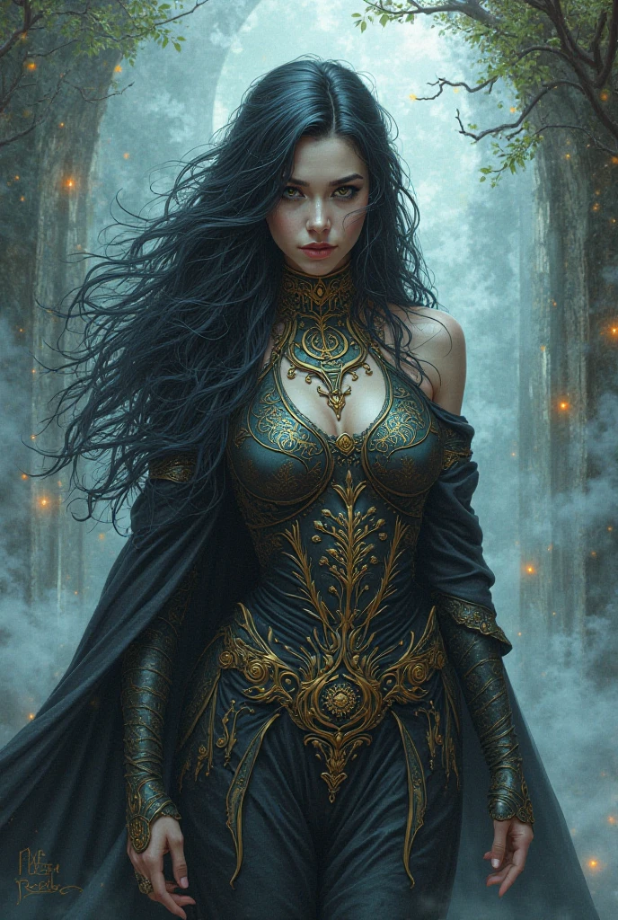 COMIC DRAWING 90&#39;S Adult woman curvy body elf witch vampire warrior queen dark wavy hair white skin
