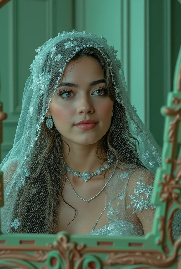 RAW, DSLR, there is a handsome extremely detailed woman wearing lace feminine dress, background is a beautiful shaded white curtain, beautiful fantasy background, volume lighting, realistic shaded, fine detailed romantic dress with ruffles and flounces, beautiful pleats, made of tulle, dark lush detailed hair, long hair, wavy detailed hair, highlights in hair, dark curly hair is a illuminated, intricate hair, extremely detailed hair, lush hair, wedding hairstyle , bridal shot, wedding shot, hyper realistic lifelike texture , nikon d850 film stock photograph, elegant, curly hair, natural hair texture, Shiny brown hair, fine details , wearing a pink dress and a flower wreath tiara, brunette fairy woman, portrait of fairy princess, fairy look, portrait of fairy woman, wearing light pink lace chiton,