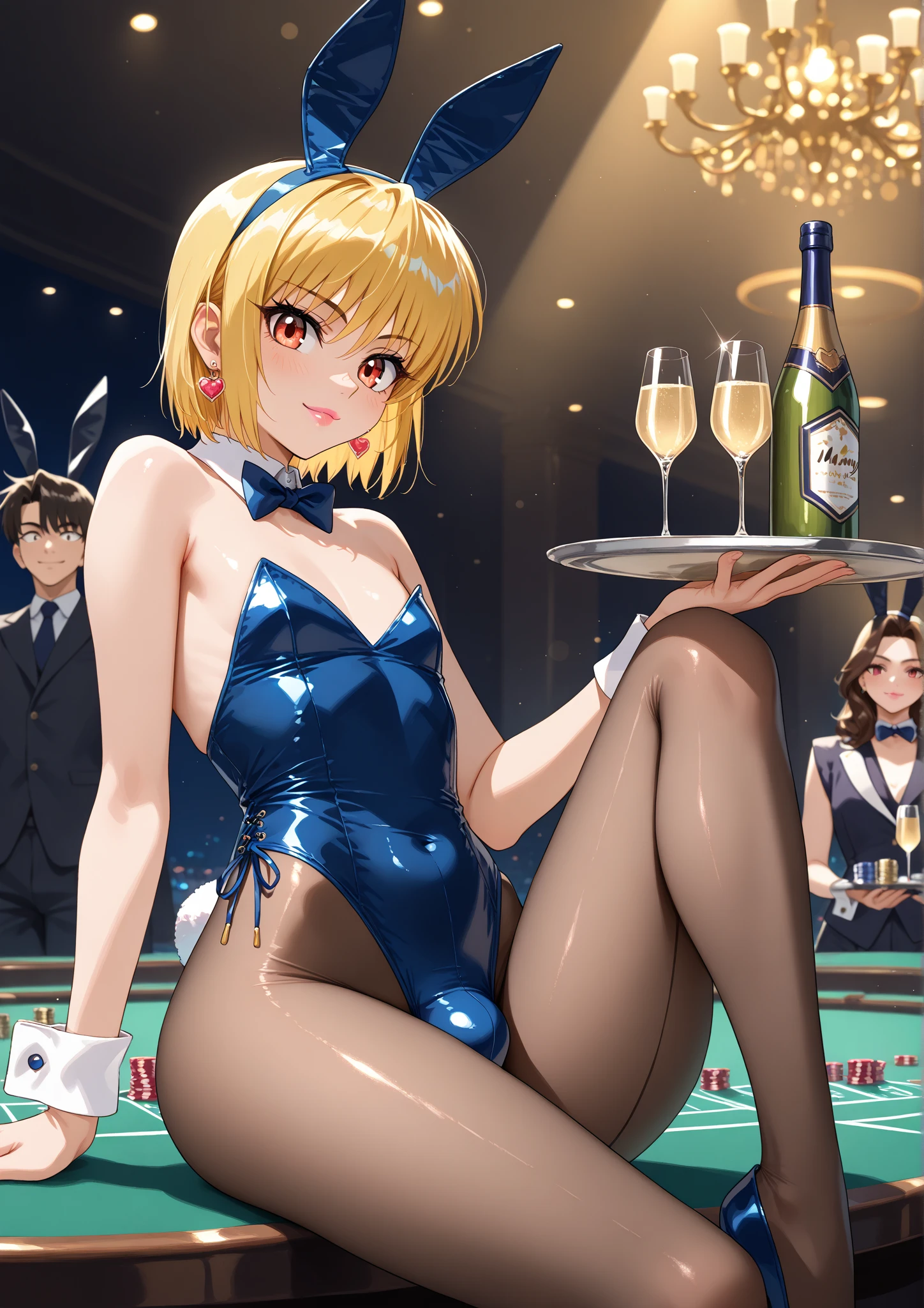 masterpiece,highest quality,32K,ultra detailed,young woman,light brown eyes,light makeup,flat chest,cleavage,fair skin,shiny skin,happy smile,silky hair,hair over one eye,pixie cut,straight hair,beige hair,playboy bunny,black rabbit ears,fake rabbit ears,black leotard,white pantyhose,bowtie,wrist cuffs,casino