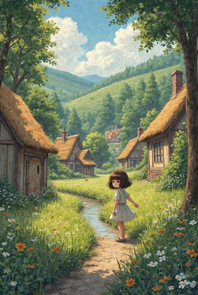 Little girl in long dress watering the plant every day with love and in the background a beautiful landscape of mountains bright colors beautiful design --auto --s2