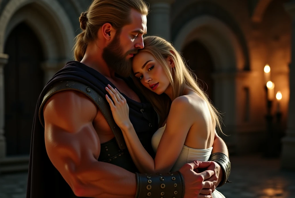 Couple embracing, A young Dolf Lundgren as Heman from the masters of the universe, robust, handsome, holding a beautiful woman , Lucy Pinder, buxom and completely naked Lucy Pinder as Sorceress embracing him, upper body, closeup, outside castle greyscull, smiling