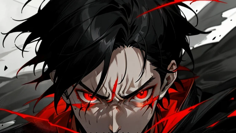 black shirt, red eyes, black hair, 1 boy, whole body, Angry, ((Glowing eyes))