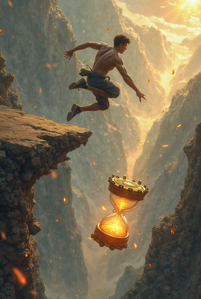 Silhouette of young teenager falling backside into the water from a cliff with an antique clock in the background
