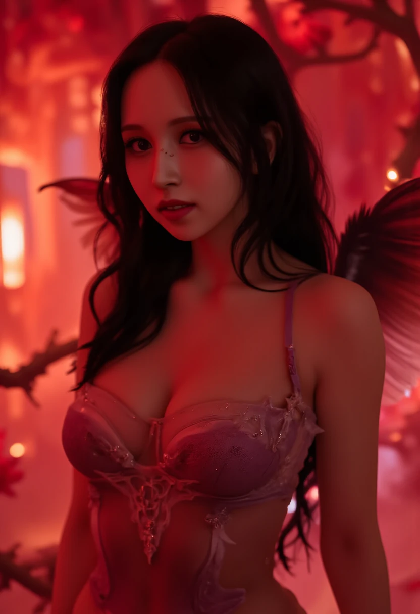 (The best illustrations)、realisitic、ultra-detailliert、The best lighting、Best Shadows、alluring succubus, ethereal beauty, perched on a cloud, (fantasy illustration:1.3), enchanting gaze, captivating pose, delicate wings, otherworldly charm, mystical sky, (Luis Royo:1.2), (Yoshitaka Amano:1.1), Dungeon and Dragon、caves、Dungeon、 A Necromancer、natta、Dark style、Succubus、Devil's Daughter、Bat Wings，(((Demon Hornlack-rimmed round glasses))))、(red eyes glowing:1.6)、​beautiful countenance、Tindall Effect、(High Detail Skins:1.2) absurderes、Ponytail distortion、jewely、Beautiful expression、Toned waist、Wide buttocks、Tindall Effectmasuter piece、top-quality、Highest Standards、Top image quality、masutepiece、intricate detailes、High resolution、Depth Field、natural soft light、profetional lighting、Great smile、(High Detail Skin: 1.2)、photorealistic anime girl render、Strong highlights of the eyes、Perfect Anatomy、crotch open、Shy、Spreading your legs、Panties are visible、Skirt flipping、Body shiny with oilerectile nipple))、8K resolution、intricate clothing、Intricate details, Sexy girl on white bed，Charming eyes，Heartwarming action，Open legs，Transparent silk pajamas ，barechested，Thick long hair，Highly detailed body，Highly detailed face