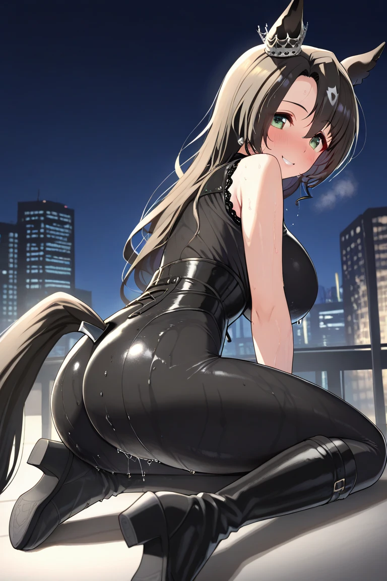 NSFW、One Girl、(20-year-old woman)、Cat ears headband、Shiny tail、Black enamel high leg suit、Ultra-thin suit、Skin is transparent、squat、Cat Pose、Black cat、City、Back alley at night、Green Eyes、Beautiful eyes、Laugh with fangs out、Faces aiming for prey、Looking from above