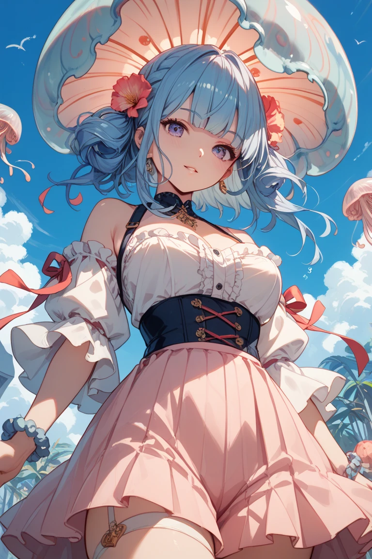 absurdres, RAW photo, extremely delicate and beautiful, masterpiece, Best Quality, ultra high resolution, 32k, hyperrealistic, ultra-detailed, perfect figure, in her 20s, very small head, very small face, delicate facial features, tearful mole, earring, very huge breasts, bare legs, full body shot, medium hair, black hair, colored inner hair, casual, blouse, white shirt, buttoned shirt, bare shoulders, collarbone, navel, shorts, straw hat,