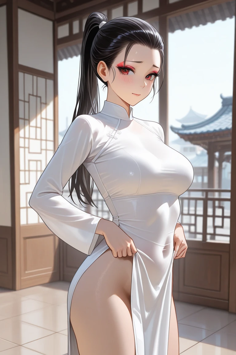 best quality,masterpiece,1girl,solo,(((NSFW))),(((9years old))),japanese girl,an extremely cute and beautiful girl,highly detailed beautiful face and eyes,petit,cute face,lovely face,baby face,shy smile,show teeth,black hair,long braided hair,Hairless pussy,flat chest,skinny,slender,(((wearing a wet transparent white mini qipao dress))),(((standing in a Chinese castle))),she is looking at the viewer,hands lift up dress,(upskirt above the waist:1.1),(no panties:1.1),(legs spread wide:1.1),(no bra:1.1)