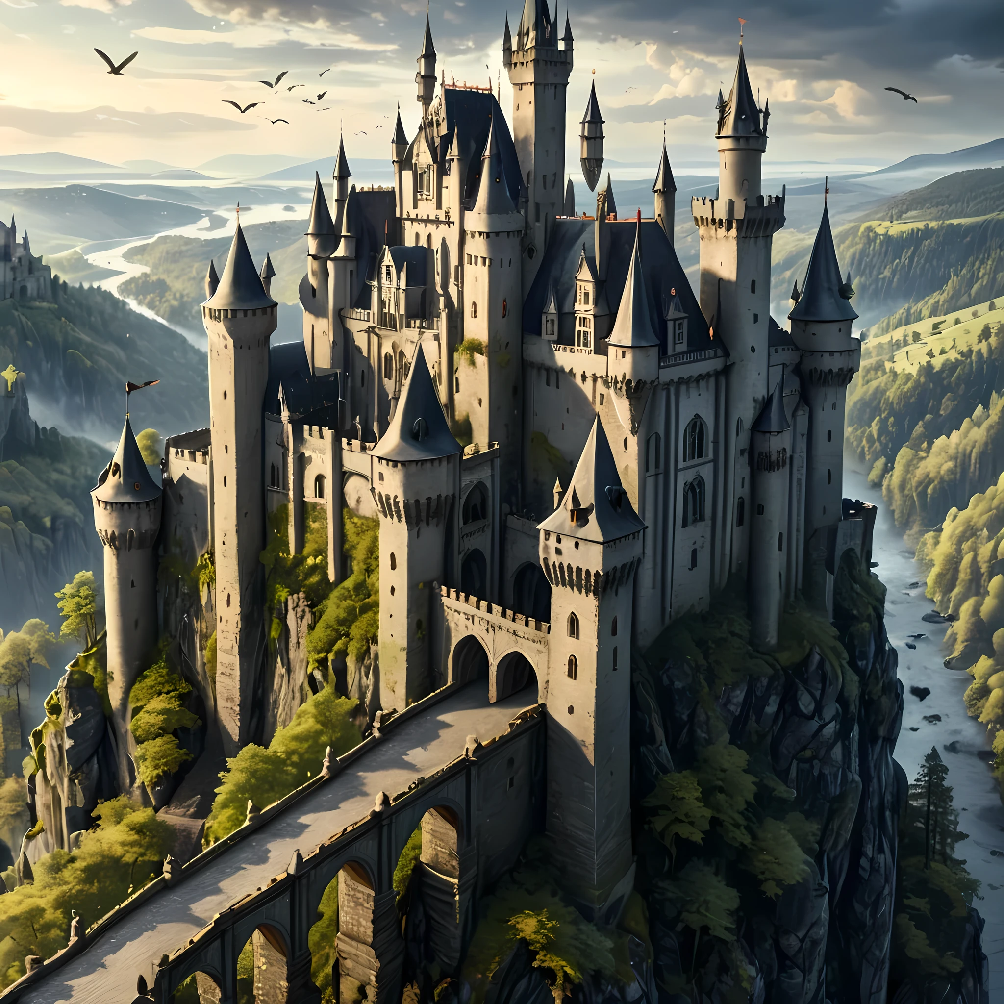 ((semi-realistic art, castle with five towers, bridge connected to the castle entrance, gray colored castle, epic fantasy art):1.2), aged moss on castle walls, castle in the middle of the forest, twilight sky, birds flying in the sky | ((best image quality, best shading, best sharpness, masterpiece, full HD)), (side angle, castle seen from close up).