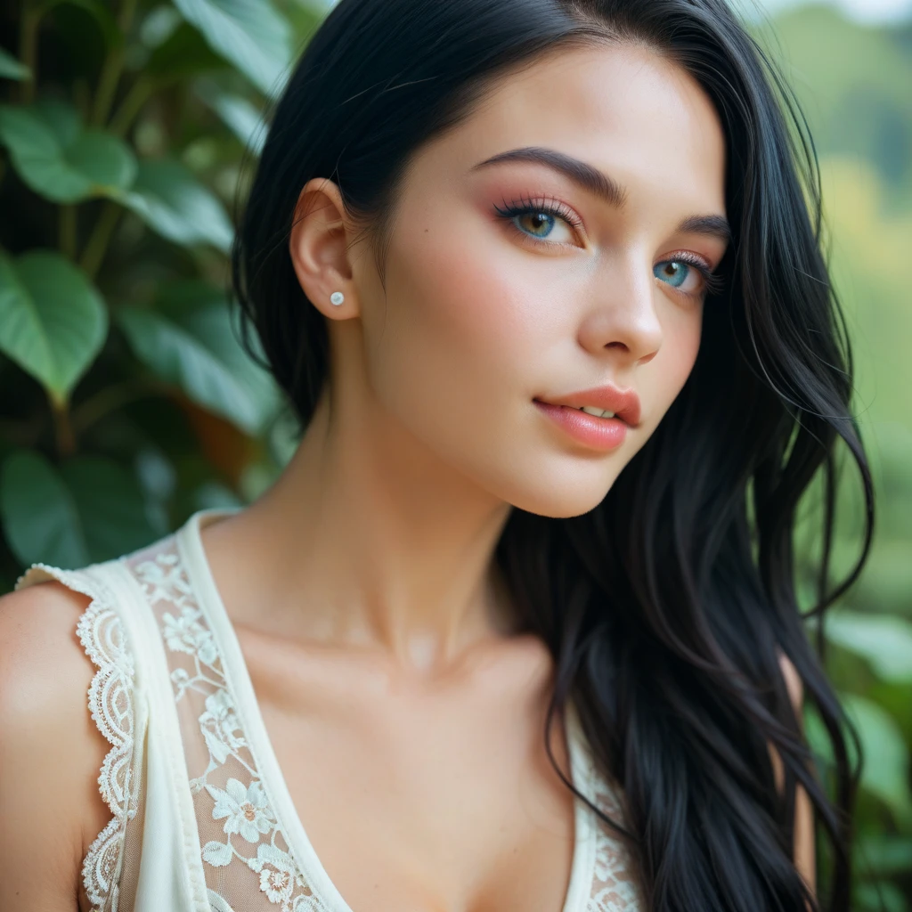 a beautiful woman with long dark hair, pale skin, detailed face, piercing blue eyes, full lips, high cheekbones, elegant expression, delicate and graceful, wearing a flowing white sundress, standing in a lush garden with blooming flowers, sunlight streaming through the leaves, radiant and serene, (best quality,8k,highres,masterpiece:1.2),ultra-detailed,realistic,photo-realistic:1.37,intricate details,cinematic lighting,vivid colors,award winning photography