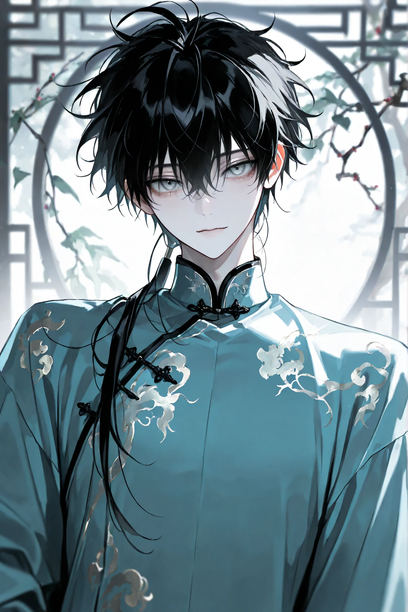 1 boy, short black hair, bangs, silver color eyes, pale skin, messy hair, eyelashs, changpao, korean traditional male overcoat, durumagi, thin eyes, wary face, looking at viewer, young, (masterpiece: 1.3), (best quality: 1.3), (ultra-detailed), 8k resolution, sharp focus, beautiful face, detailed face(1.2), minimalistic background or softly blurred(1.7)