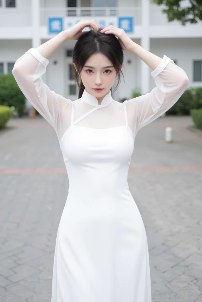 ((Backwards:2.0, See-through:1.5)), (((Wet:1.5))), (((Wet clothes:1.8, Maxi-length Ao Dai:1.8))), ((sunny:1.8, Modern cityscape:1.8)), 1 Girl, ((Wet Hair:1.5, smile:1.5, Short Hair:1.2, slender:1.5, Small Ass:1.5)), 18-year-old, 7 heads, Ideal body proportions, Black Hair, With bangs, Small breasts, Erect nipples, slender, Small Ass, Beautiful feet, Skinny Legs, Surrealism, Cinematic Lighting, Depth of written boundary, First Person View, F/1.8, 135mm, Ticker, Mastepiece, Curate, ((Anatomically correct:1.3)), Textured skin, Super Detail, High detail, High quality, Awards, Best Quality, High resolution, 8K
