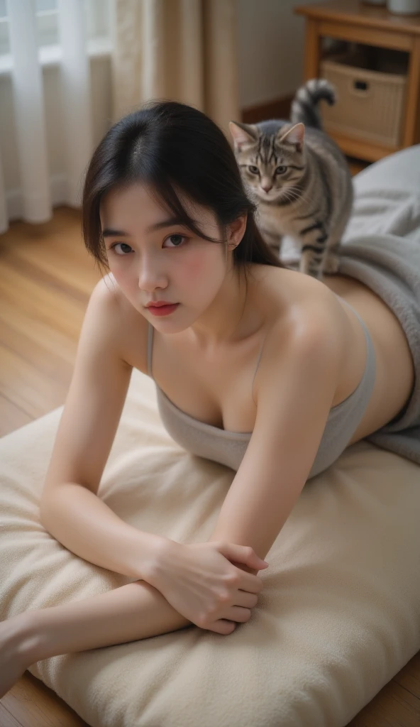((of the highest quality, 8K, masutepiece: 1.3, Raw photo)), Sharp Focus: 1.2, (1 AESPA Girl :1.1), Solo, (Realistic, Photorealistic: 1.37), (Face Focus: 1.1), Cute face, hyperdetailed face, short messy hair, updo, (Small breasts, flat chest:1.2), nude, bed room, (chiffon panties), thigh, book