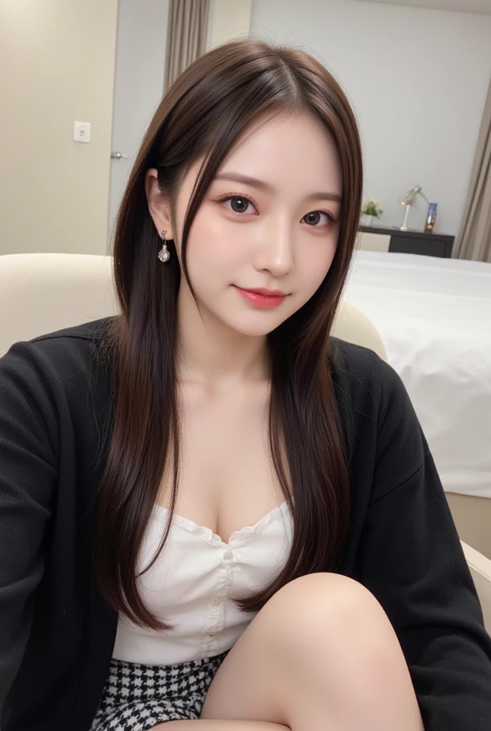 (8K、highest quality、highest quality、masterpiece、ultra high resolution、beautiful woman with perfect figure、emphasize cleavage、carefully crafted face、beautiful fingers、beautiful hands、skin texture),whole body、idol sculpture、((long hair))、alone、beautiful double eyelids、smile, office lady suit、officeレディスーツ)、(woman)、work、OL、office、