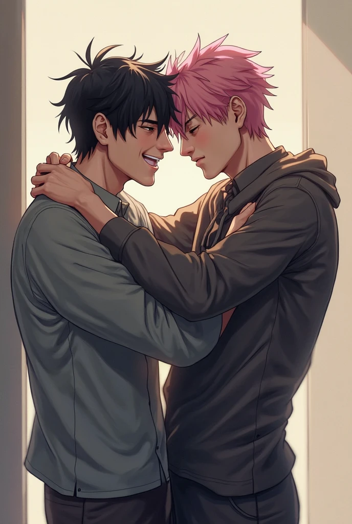 yuji itadori and junpei yoshino fringes black hair kissing inside a bed room