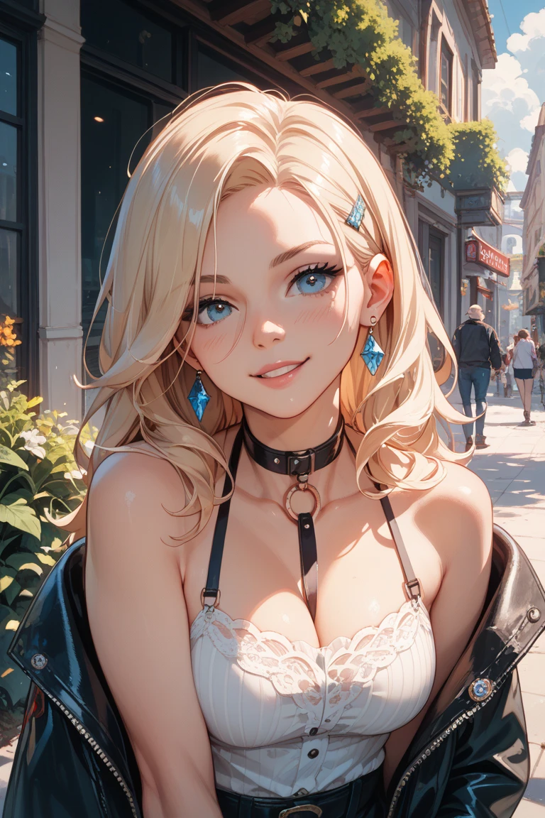 top-quality))、((masterpiece)、skin gloss、Face Real、16 year old girl、short blonde hair braid、(Super close-up view of skyscraper looking up from underground)、(Opaque Bikini)、Wearing denim shorts。sexy pose、Breasts enlarged、Sunset、A slight smil、