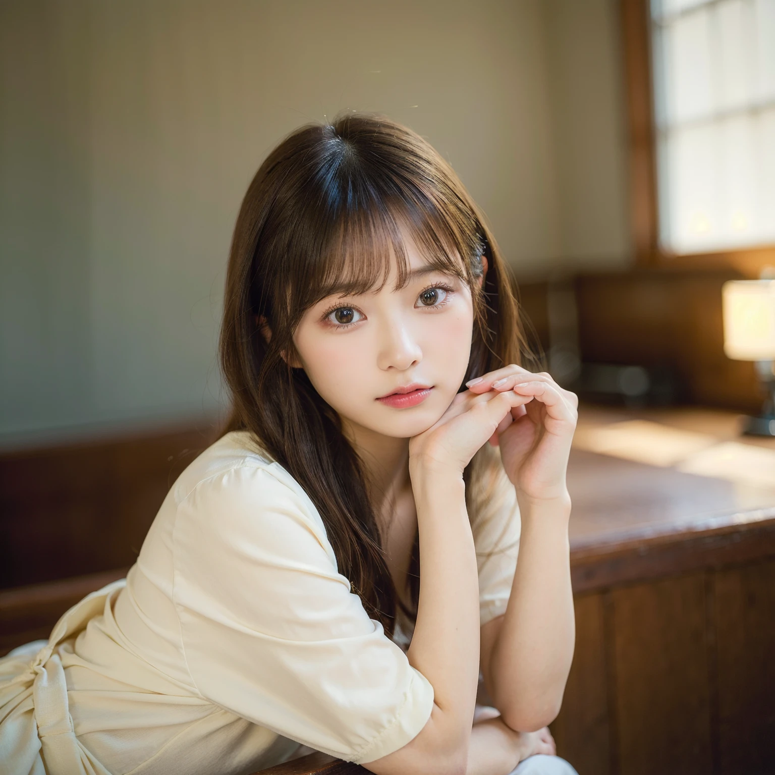 (​masterpiece:1.3), (8K), Photorealsitic, Raw photography, In the living room where the morning sun shines、Sit on the couch and relax、in casual attire、(Top image quality: 1.4), 23-year-old girl、Super Detail Face、Eye of Detail、二重まぶた、foco nítido:1.5、prety woman:1.4、light brown hair、poneyTail、Natural Color Lip、top-quality、​masterpiece、超A high resolution、(Photorealsitic:1.4)、very detailed and professional lighting、slender、serious facial expression、Transparent skin、randome pose、Glowing hair、