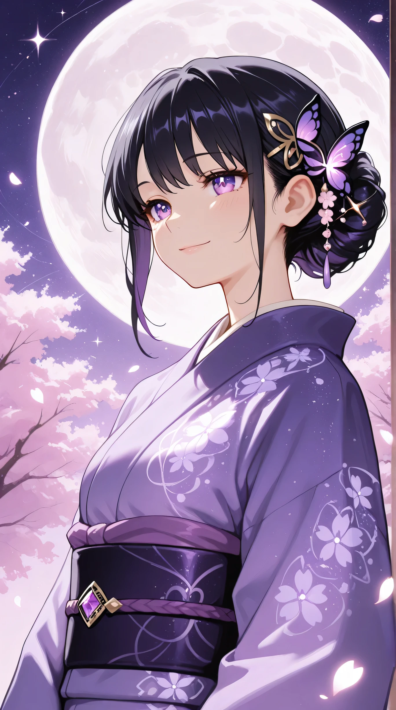 Masterpiece, Best Quality, Top Quality, Very Detailed, 1 girl, A mesmerizing anime-style illustration of a beautiful young woman with short black hair fading into vibrant purple, adorned with a delicate butterfly hairpin. She wears an elegant purple kimono with intricate patterns, softly draped over her shoulders. The full moon in the background bathes her in a gentle glow, with cherry blossoms drifting in the wind, creating a serene and dreamy atmosphere. Her violet eyes sparkle as she gazes with a gentle yet mysterious smile, embodying grace and ethereal beauty. Ultra-detailed, high-resolution, soft cinematic lighting, glowing petals, atmospheric depth.